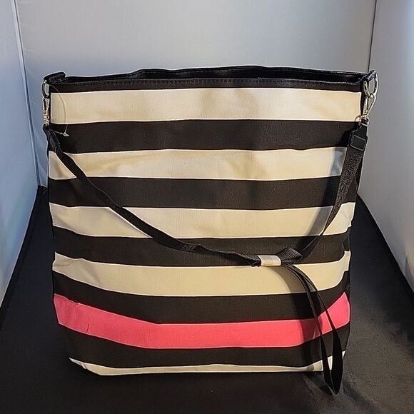 BRAND NEW VICTORIA SECRET WEEKENDER CANVAS STRIPED GOLD LOGO EMBROIDERY TOTE BAG - Picture 12 of 15